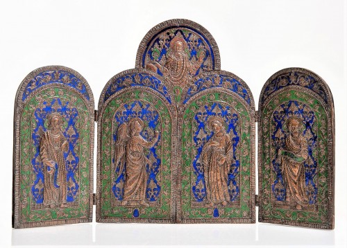 Triptych in copper and  polychrome enamels. - 